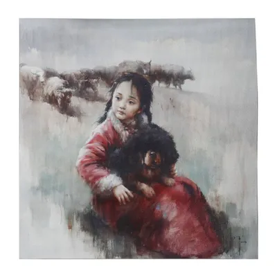 A&B Home: 20x20 Tibetan Mastiff on Little Girls Lap Wall Art : Contemporary Style, Framed Digital Art, Wood Composite Frame