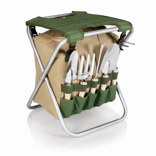 Picnic Time 5pc Garden Tool Set with Tote And Folding Seat: Portable Gardening Gift Kit