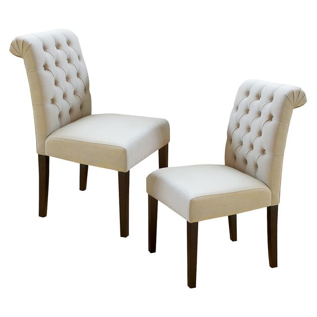 Set of 2 Dinah Roll Top Fabric Dining Chair : Tufted, Linen Blend, Weathered Wood Legs - Christopher Knight Home