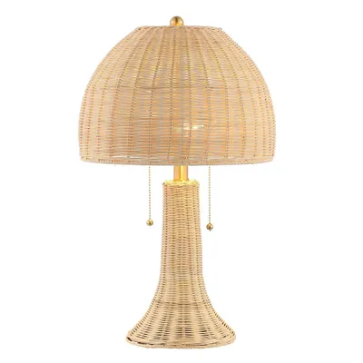 22 LED Joanie Rustic Iron Table Lamp Natural/Brass: Wicker Shade, Silk Cord - JONATHAN Y