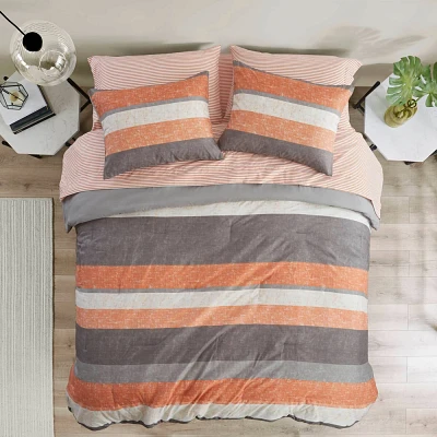 Madison Park Full Ryder Striped Comforter Set with Bed Sheet Coral Orange