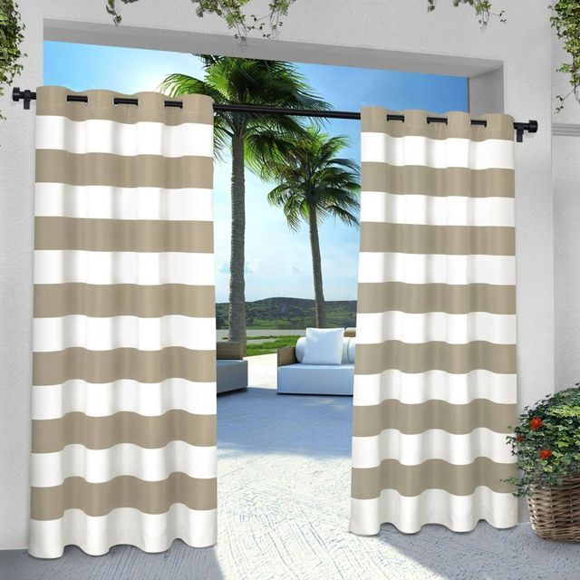 Indoor/Outdoor Cabana Stripe Grommet Top Window Curtain Panel Pair Taupe (54x84) Exclusive Home
