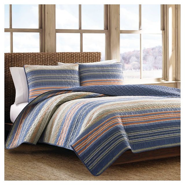 Eddie Bauer King Yakima Valley Quilt Mini Set Blue/Sage Green/Orange: Cotton, Pre Washed, Diamond Quilting