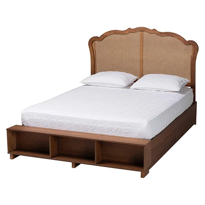 Baxton Studio King Latrell Wood and Rattan Storage Bed Walnut Brown