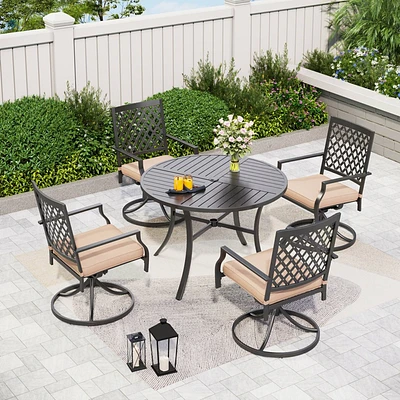 5pc Outdoor Dining Set with Stackable Swivel Chairs with Cushions & Round Metal Table with Umbrella Hole - Black - Captiva Hole