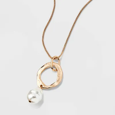 Hammered Ring and Pearl Drop Pendant Necklace - A New Day Gold