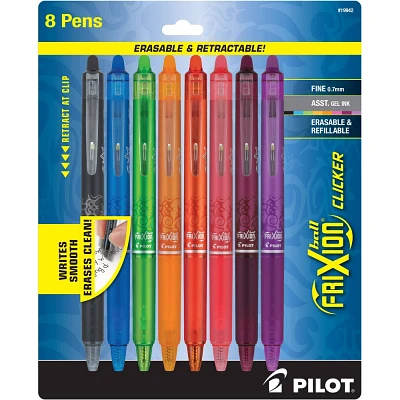 8ct FriXion Clicker Erasable Gel Pens Fine Point 0.7mm Assorted Inks: Multicolored, Art & Stationery, 8-Pack