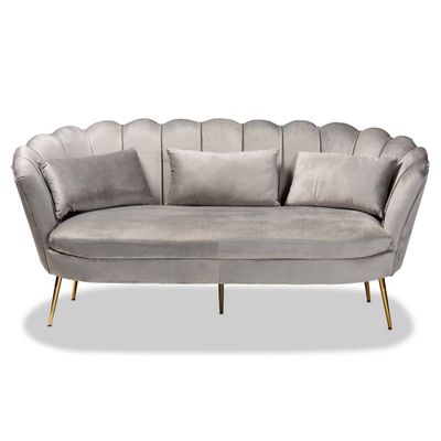 Baxton Studio Genia Velvet Fabric Upholstered and Metal Sofa Gray/Gold: Polyester, Plywood Frame, Seats 3