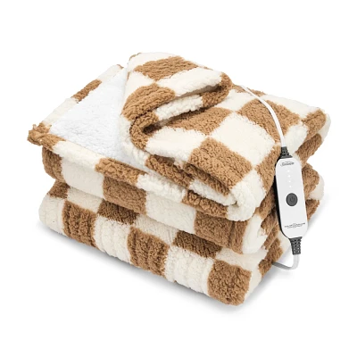 Sunbeam 50x60 Electric Throw Nordic Faux Shearling with Foot Pocket Heated Blanket Clay Checkerboard