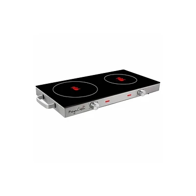 MegaChef Ceramic Infrared Double Electric Cooktop: Stainless Steel & Glass Hot Plate, 1700W, Silver, Instruction Manual Included