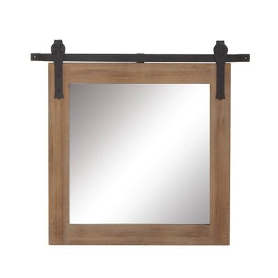 Wood Wall Mirror with Metal Hanging Rod Brown