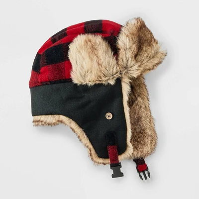 Men Acrylic Buffalo Plaid Faux Fur Trapper Hat - Goodfellow & Co Black/Red