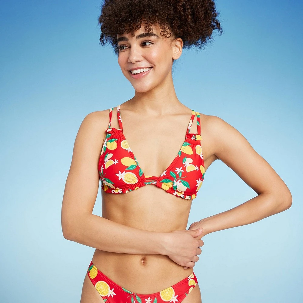 Womens Strappy Triangle Bikini Top - Wild Fable Red Lemon Print