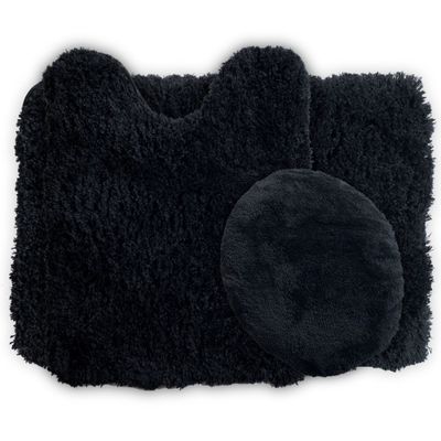 3pc Solid Super Plush Non-Slip Bath Rug Set Black - Yorkshire Home: Includes Lid Cover, Machine Washable