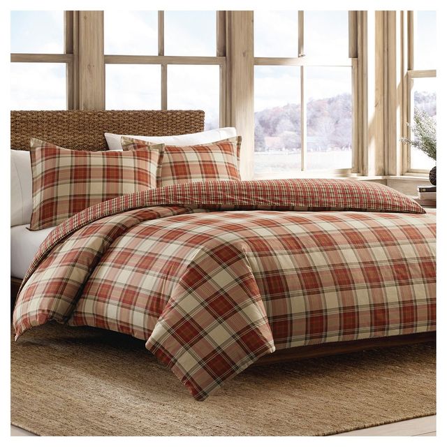 Eddie Bauer Edgewood Plaid Duvet Cover Mini Set - Multi Red (King): Cotton Reversible Bedding Set with Shams