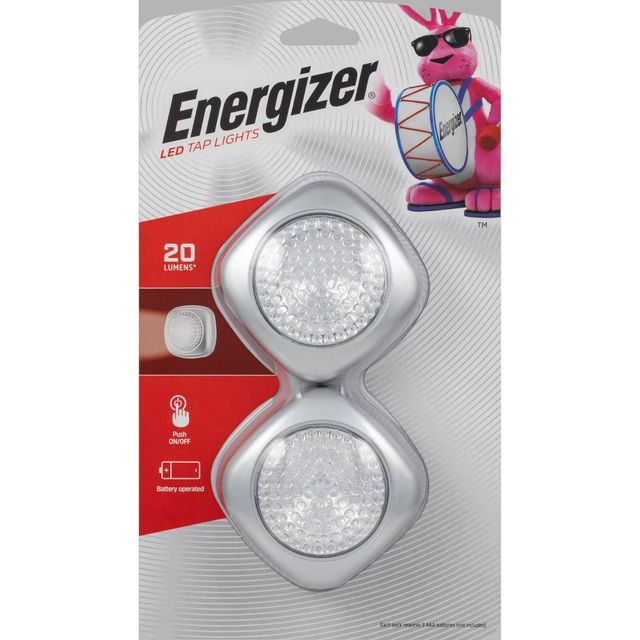 Energizer 2pk LED Tap Cabinet Lights: Battery-Powered Puck Light for Closets, Push Button, Silver, 7 Lumens