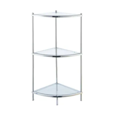 35.5 Royal Crest 3 Tier Corner Shelf Chrome: Glass Bookcase, Modern Storage - Breighton Home