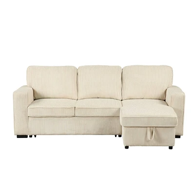 HOMES: Inside + Out Paeke Sleeper Sectional Sofa Corduroy with Storage Chaise and Reversible Beige