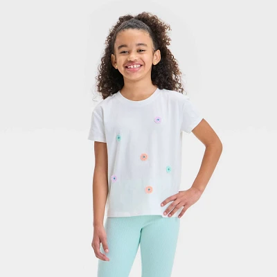 Girl Short Sleeve Floral Graphic T-Shirt - Cat & Jack XS: Blend, Polyeter, Crew