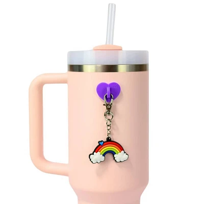 CharCharms Rainbow Water Bottle Charm with Stick-On Hook Bundle: PVC Accessory for Hot & Cold Beverages, Dishwasher-Safe