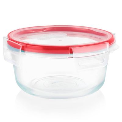 Pyrex Freshlock 4 Cup Round Food Storage Container: Glass Container with Lid, Oven & Microwave Safe, Clear/Red