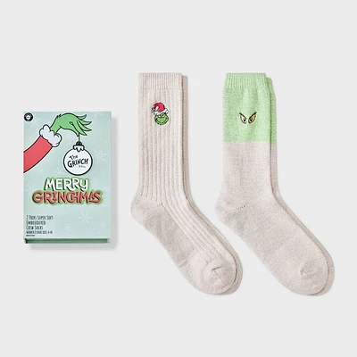 Women 2pk The Grinch Pop-Up Storybook Superoft Embroidered Crew Sock - Ivory/ 4-10