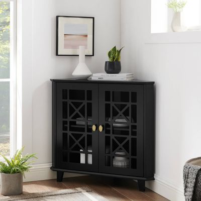 2 Door Corner Accent Cabinet with Fretwork Doors - Saracina Home: Transitional Style, Painted MDF