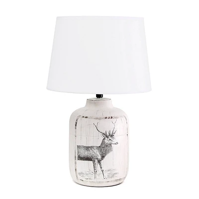 Rustic Deer Buck Nature Printed Ceramic Accent Table Lamp with Fabric Shade White - Simple Designs: ETL Listed, No Assembly Required