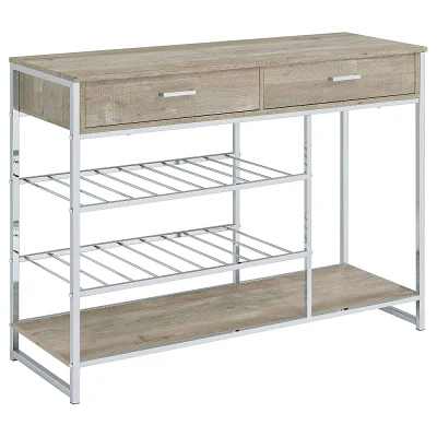 Coaster Melrose Modern 2 Shelf Wood/Metal Wine Cabinet with 2 Drawers Gray Washed Oak/Chrome