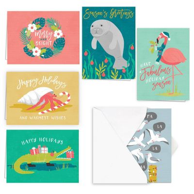 25ct Coastal Holiday Greeting Cards - Masterpiece Studio: Canopy Street Boxed Set, Flamingo Design