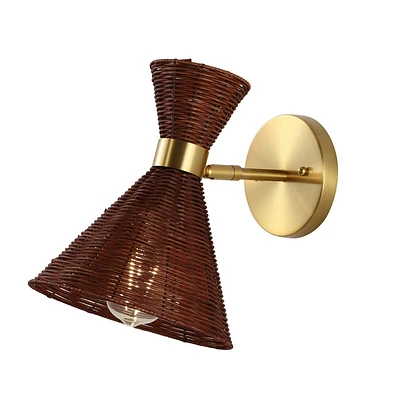 JONATHAN Y Zoey 10 1-Light Mid-Century Vintage Retro Rattan/Metal Sconce with Adjustable Shade Brass