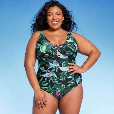 Womens Tropical Print Full Coverage Tummy Control Tie-Front One Piece Swimsuit