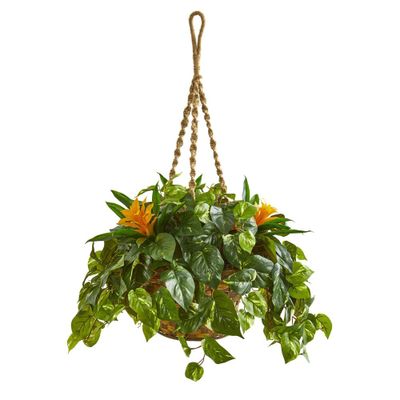 Nearly Natural 31 x 24 Artificial Bromeliad and Pothos Plant in Hanging Basket Yellow: Indoor Faux Floral Decor with Wood Basket