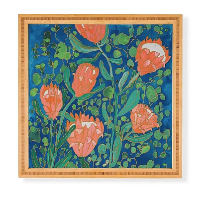 Deny Designs Lara Lee Meintjes Coral Proteas on Blue Pattern Framed Wall Art Bamboo