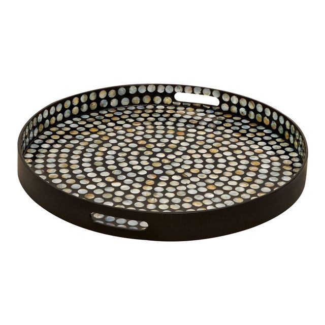 Olivia & May 3 x 24 Round Lacquer and Shell Tray with Handles Black/White : Coastal Style Decorative Platter