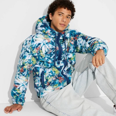 Men High Pile Fleece Floral Zip-Up Hooded Sweathirt