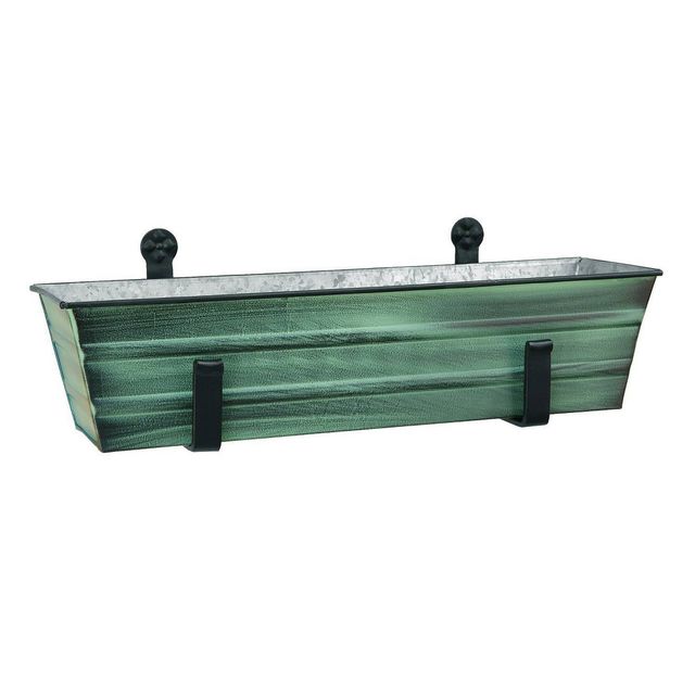 Small Galvanized Metal Rectangular Planter Box with Wall Brackets Green Patina - ACHLA Designs: Wrought Iron, Powder Coated, 8H x 22W