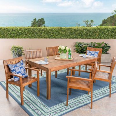 Wiloson 7pc Acacia Dining Set - Teak - Christopher Knight Home: Weather-Resistant, 6 Arm Chairs