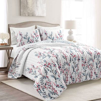 3pc Mirabelle Watercolor Floral Reversible Quilt Set Blue/Coral