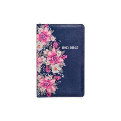 KJV Holy Bible Standard Size Faux Leather Red Letter Edition Thumb Index & Ribbon Marker, King James Version, Blue Floral, Zipper Closure