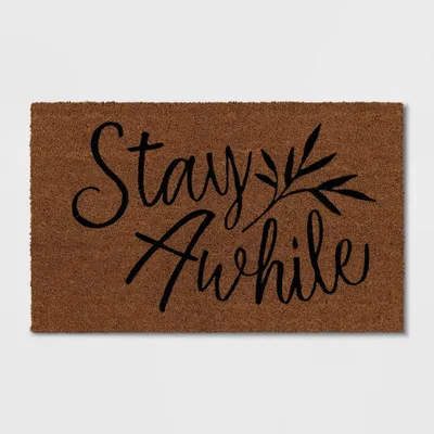 16x26 Stay Awhile Coir Doormat Natural - Threshold: Outdoor Welcome Mat, Medium Pile, Rectangle Shape