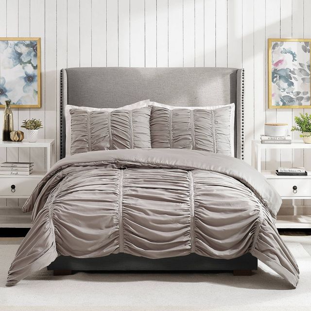 Modern Heirloom Emily Texture T/TXL Emily Texture Comforter Set Light Gray: Polyester, Ruched, Machine Washable