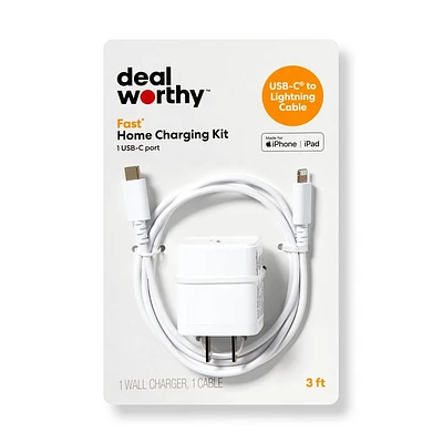 Single Port 20W USB-C Home Charger with 3 Lightning to USB-C Cable - dealworthy White