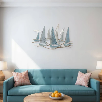 SAGEBROOK HOME 36 Sailboat Scene Metal Wall Decor: Contemporary Iron Artwork, Horizontal Orientation, Mixed Media