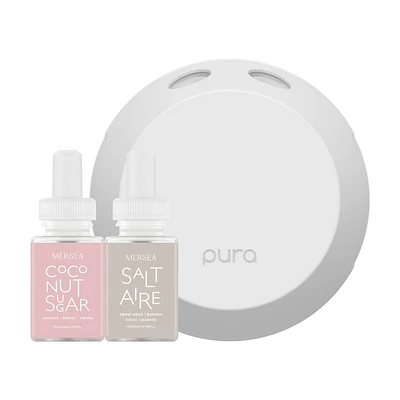 Pura Mersea Coconut Sugar and Saltaire Starter Kit: Electric Aromatherapy Diffuser, No Battery Required, 1 Year Warranty