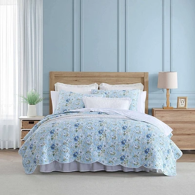 Laura Ashley  Peony Garden 100% Cotton Quilt Set Blue: Includes 2 Shams, Year-Round Comfort