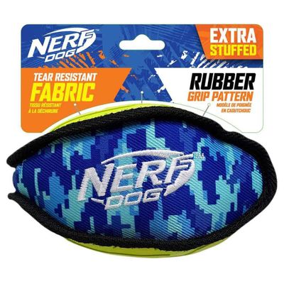 NERF 7 Tuff Rubber Camo Plush Football Polly Filled Dog Toy - Green/Blue