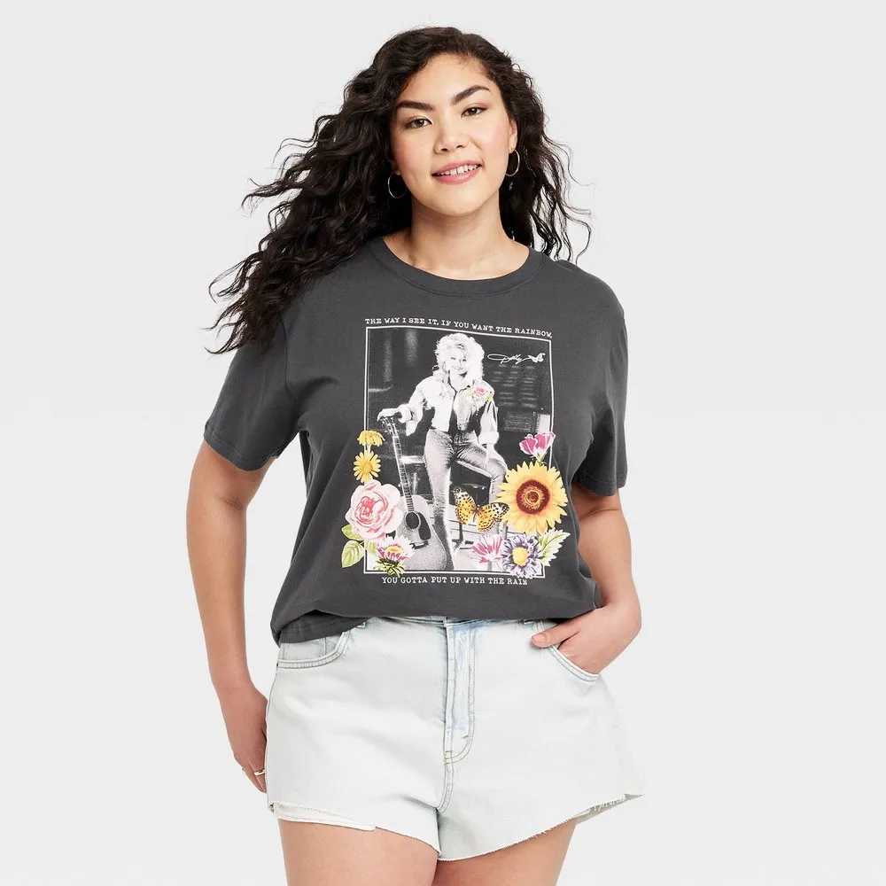 Womens Dolly Parton Floral Short Sleeve Graphic T-Shirt