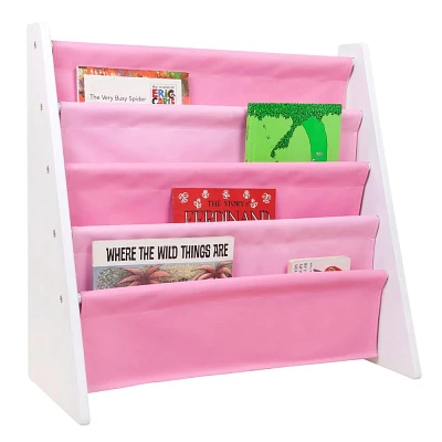 WildKin Vegan Leather Kids Original Sling Bookshelf White Wood with Light Pink/Dark Pink: 4-Shelf MDF Book Rack, Ages 3-10