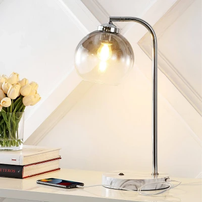 20 Ada Industrial Contemporary Iron/Glass LED Task Lamp with USB Charging Port Chrome/Smoke Gray (Includes LED Light Bulb) - JONATHAN Y